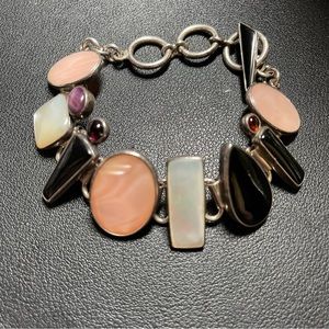 Sterling Silver Mother of Pearl, Ruby, Onyx, Garnet Panel Bracelet by Obsidian